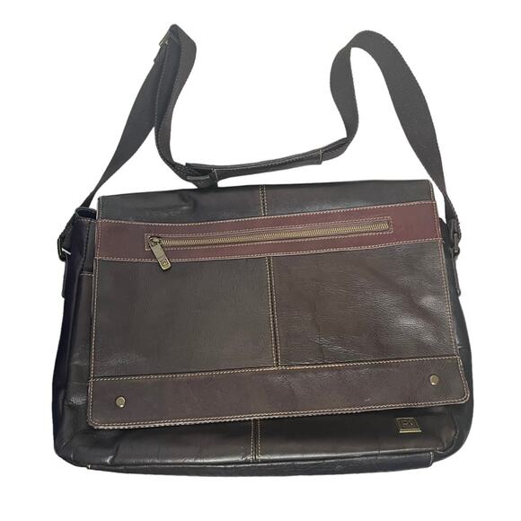 Brown leather messenger laptop crossbody bag